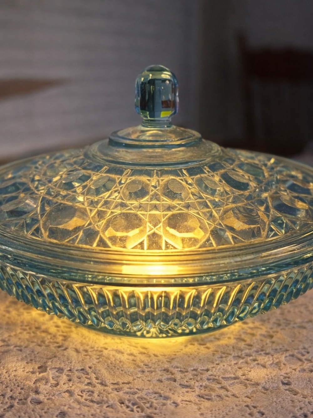 Vintage Indiana Glass Light Blue Windsor Candy Dish Fairy Lamp Glow